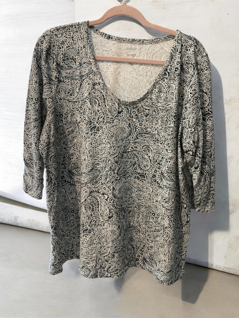 J. Jill Paisley Scoop Neck Long Sleeve Top - teal and green